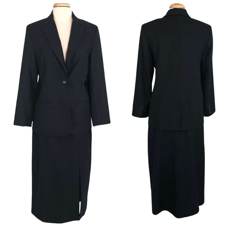 Amanda Smith Career Formal Wool Skirt Suit Lined One-Button Blazer Size 12 Slit
